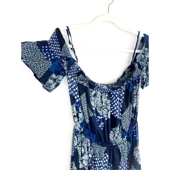 Earthbound Blue Patchwork Off the Shoulder Jumpsuit‎ Size M - Picture 2 of 12